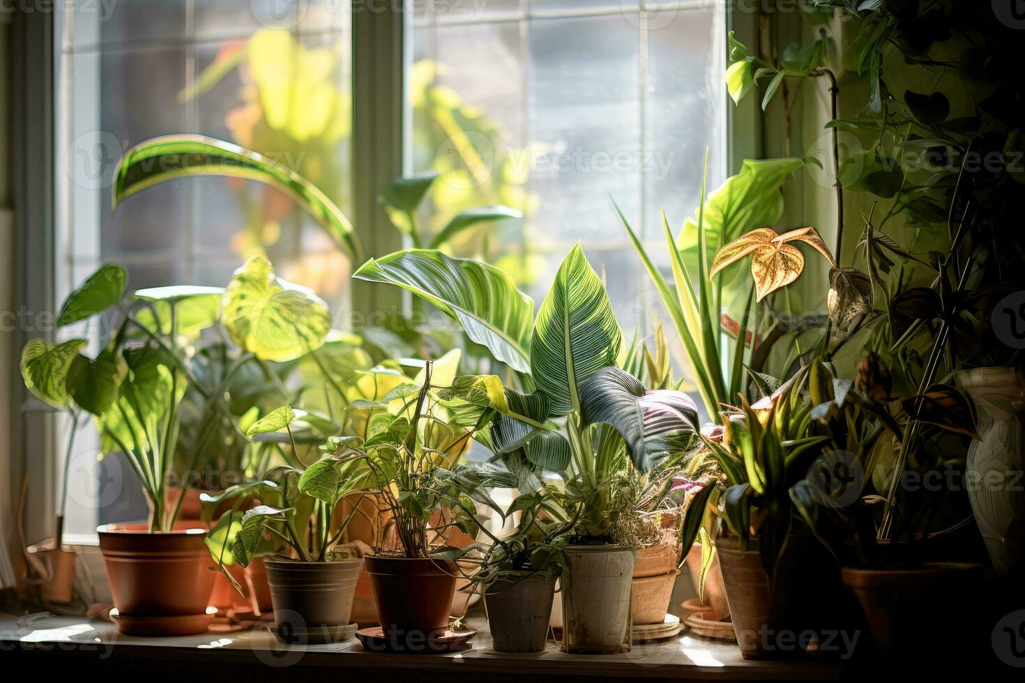 ai generado verde interior plantas en marrón arcilla ollas en un antiguo de madera ventana. ficus, monstera y liana. de cerca, Copiar pegar foto