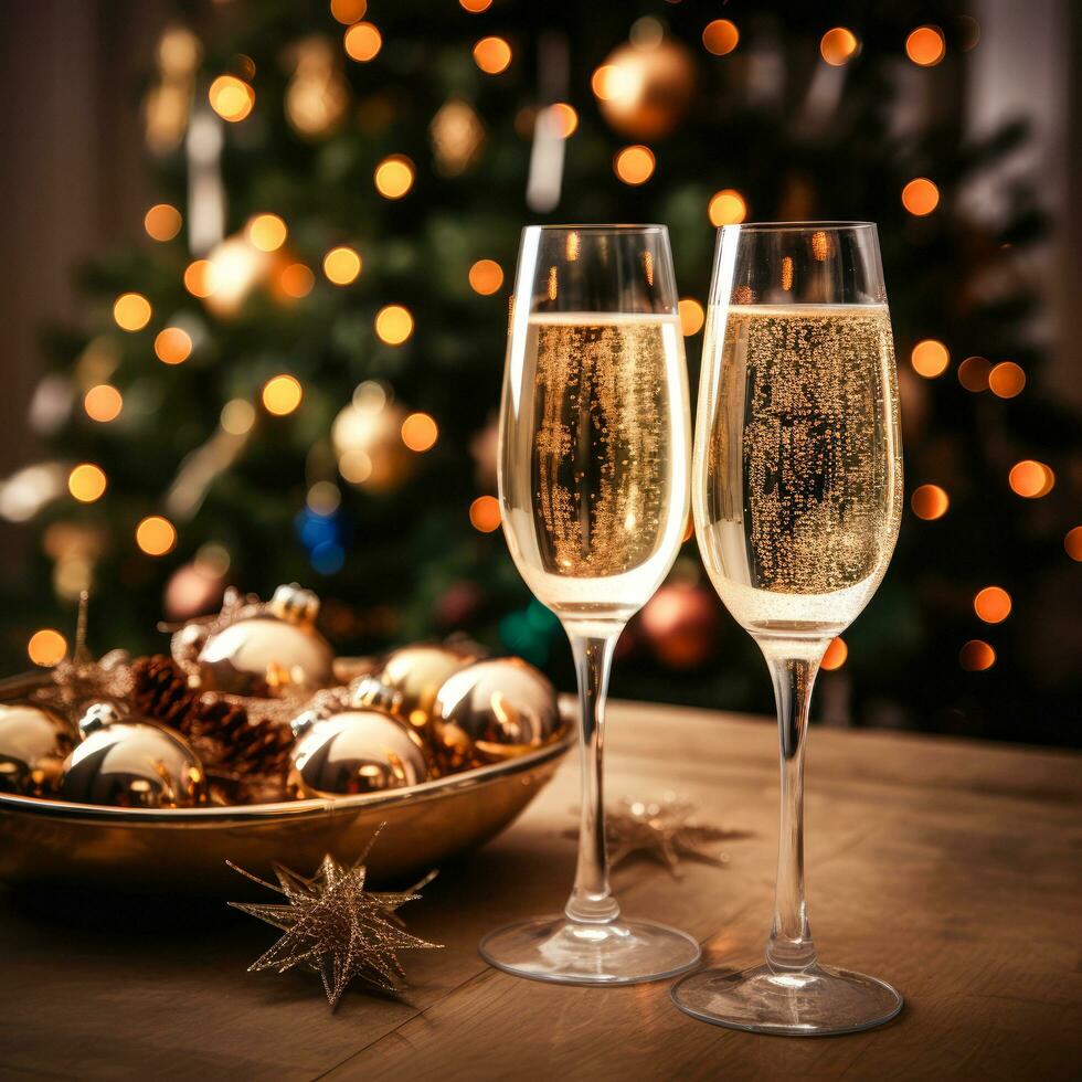 AI generated Champagne Toast Celebration - Happy New Year With Golden Glitter On Blue Abstract Background And Defocused Bokeh Lights. photo