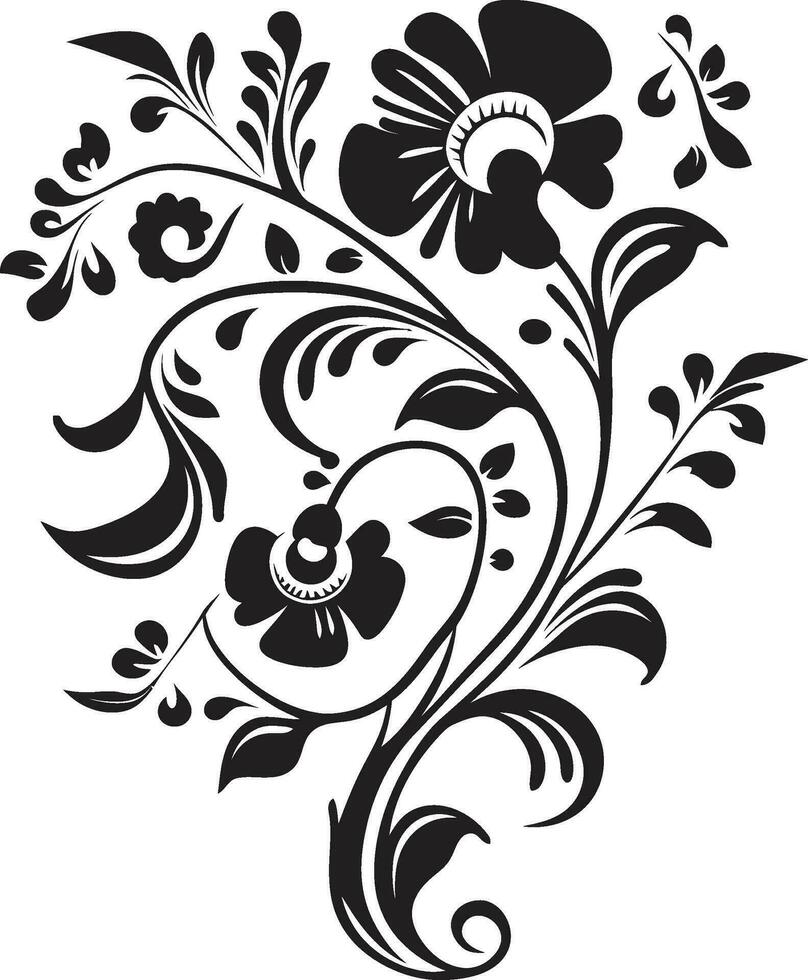 Intricate Botanical Details Hand Drawn Black Emblem Noir Vine Scroll Handcrafted Vector Logo Icon Design