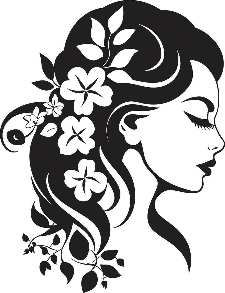 Abstract Blossom Radiance Woman Face Emblem Elegant Flora Fusion Black Vector Lady Emblem