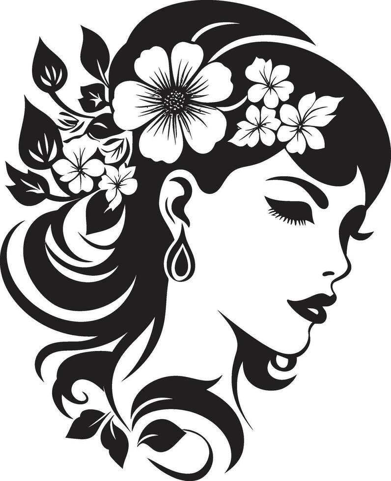 Chic Blooms Persona Woman Vector Design Clean Floral Beauty Black Hand Drawn Icon