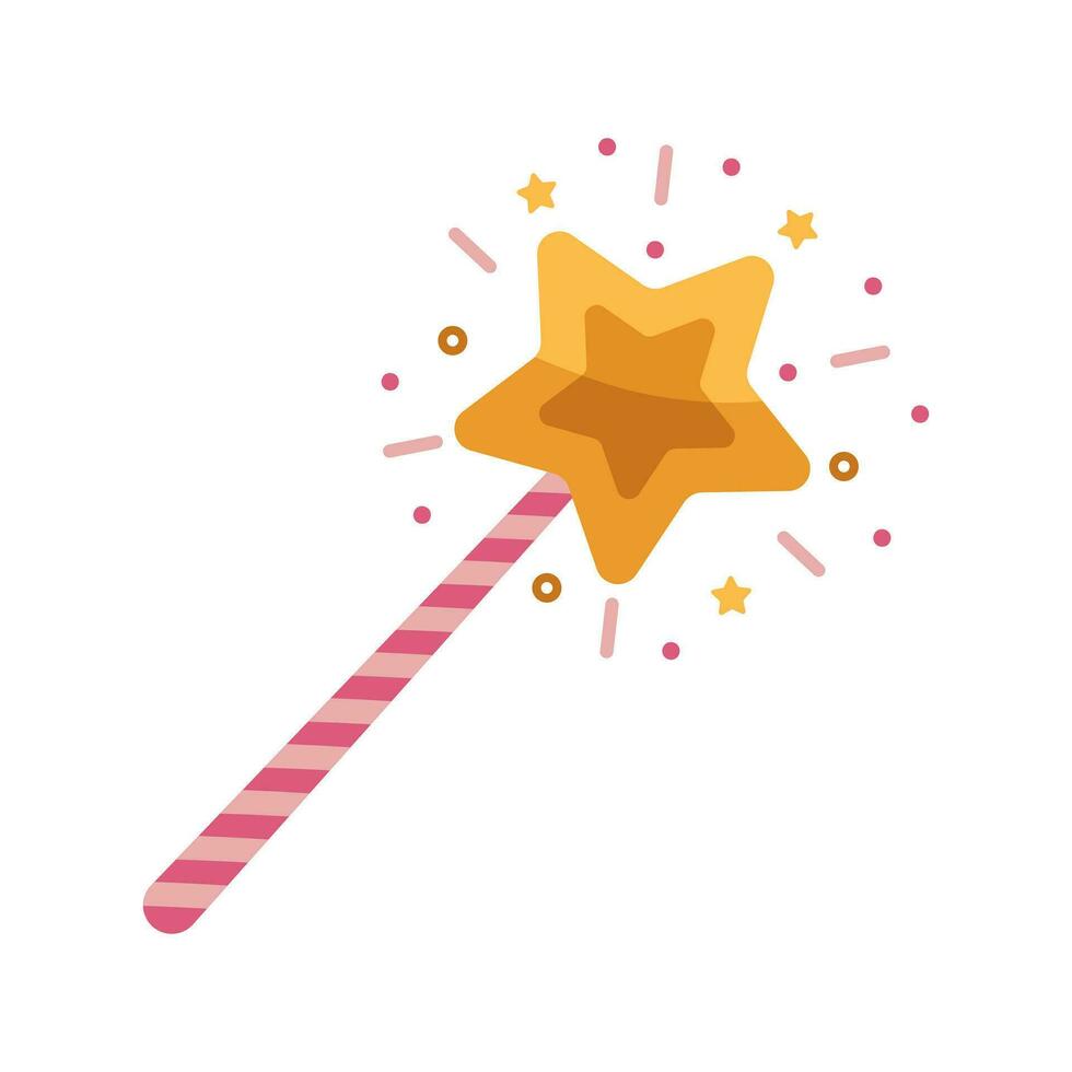 Magic wand vector icon. Pink striped stick with a glowing gold star. A shining tool for a wizard, fairy or girl princess. A colorful toy for tricks and wishes. Flat cartoon clipart isolated on white