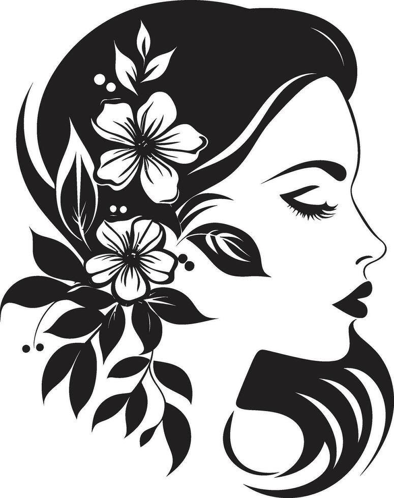 Chic Blooms Persona Woman Vector Design Clean Floral Beauty Black Hand Drawn Icon