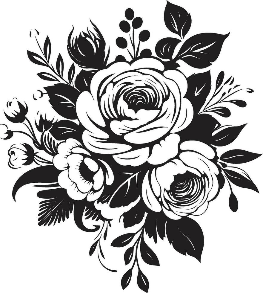 Elegant Bloom Ensemble Black Floral Bouquet Logo Chic Botanical Arrangement Decorative Black Vector Icon
