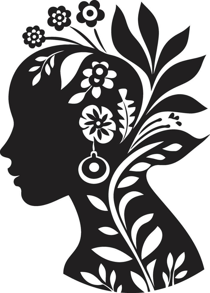 pétalos adornando belleza mano dibujado mujer icono caprichoso floral elegancia vector cara emblema