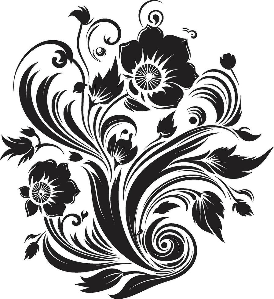 Intricate Petal Compositions Black Ornate Emblem Designs Whimsical Noir Blossom Impressions Invitation Card Icons vector