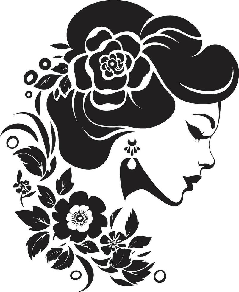 Whimsical Feminine Petals Elegant Black Emblem Modern Flower Portrait Artistic Vector Woman