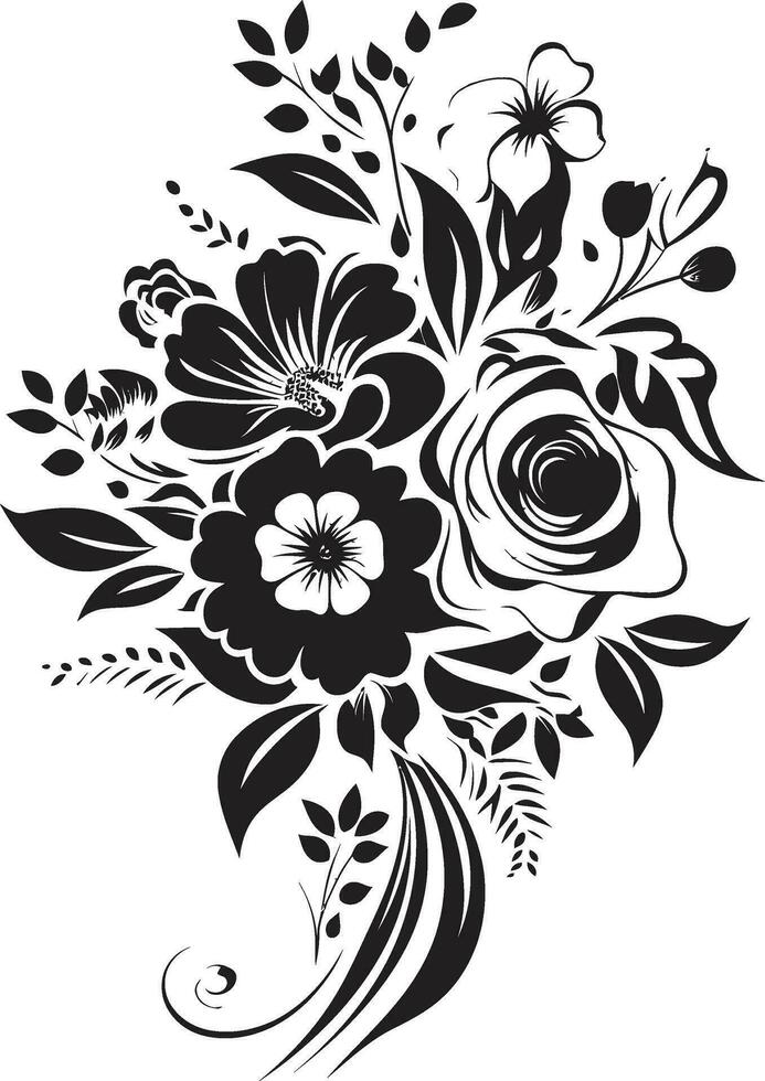 Sculpted Petal Fusion Black Bouquet Emblem Gothic Floral Medley Decorative Black Icon vector
