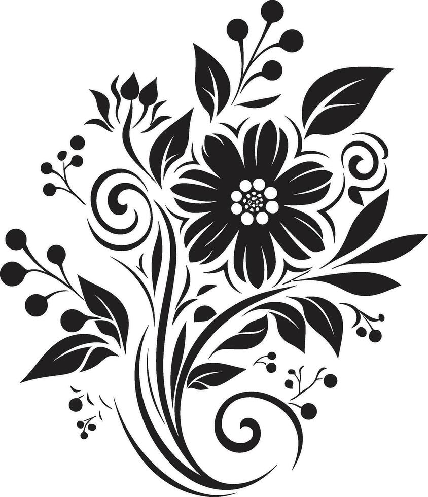 Intricate Noir Blossom Hand Rendered Vector Emblem Sleek Botanical Sketch Hand Drawn Black Icon