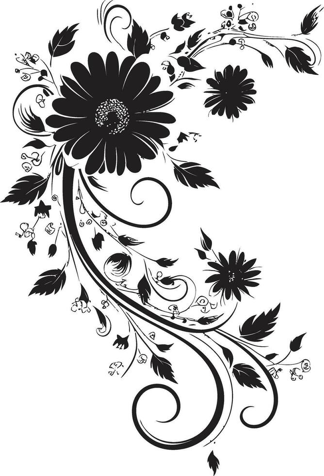 Noir Petal Swirls Hand Rendered Vector Emblem Whimsical Floral Elegance Black Iconic Logo Design