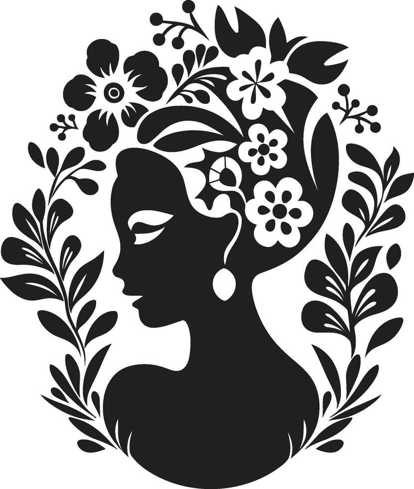 Elegant Botanical Glamour Vector Woman Icon Graceful Floral Silhouette Black Face Emblem