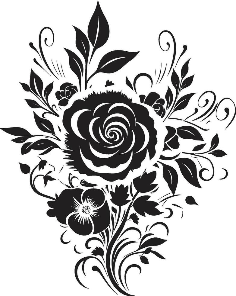 Botanic Flower Medley Black Vector Bouquet Logo Ethereal Bouquet Assembly Decorative Black Icon