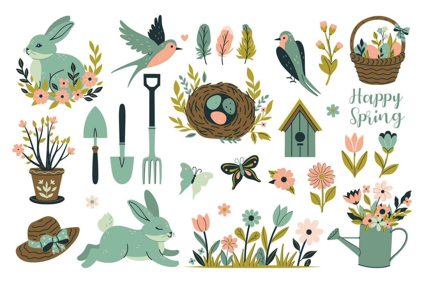 Set of spring items, swallows, rabbits, flowers, eggs. Vector graphics.