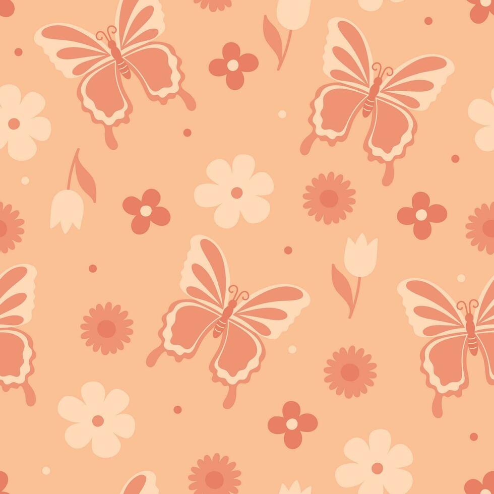 Butterfly seamless pattern in trendy peach colors. Vector graphics.