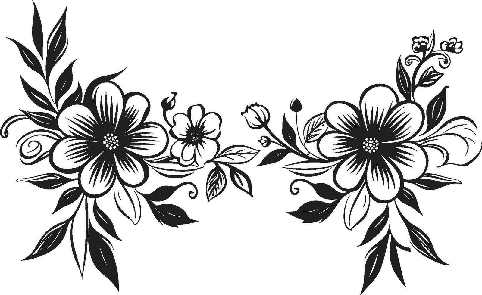 Whimsical Floral Scrolls Monochrome Black Logo Elements Graphite Petal Symphony Hand Drawn Floral Emblem Icons vector