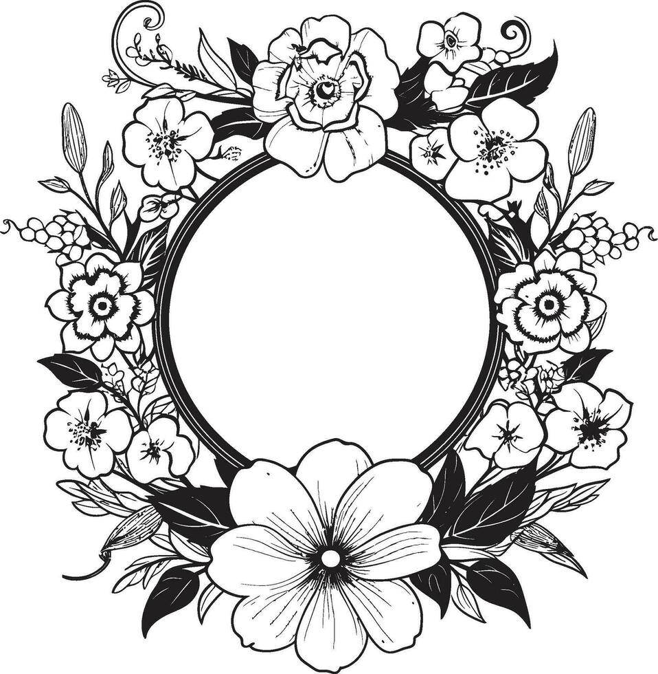 Elegant Petals Black Frame Logo Whimsical Blossoms Vector Icon with Floral Frame