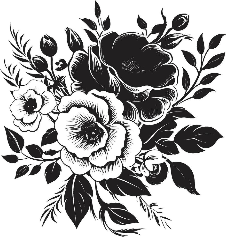 Botanic Bouquet Ensemble Black Floral Logo Ethereal Bloom Fusion Decorative Black Icon vector