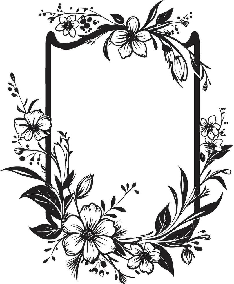 Whimsical Flower Encasement Black Frame Design Enchanted Floral Edging Black Vector Emblem