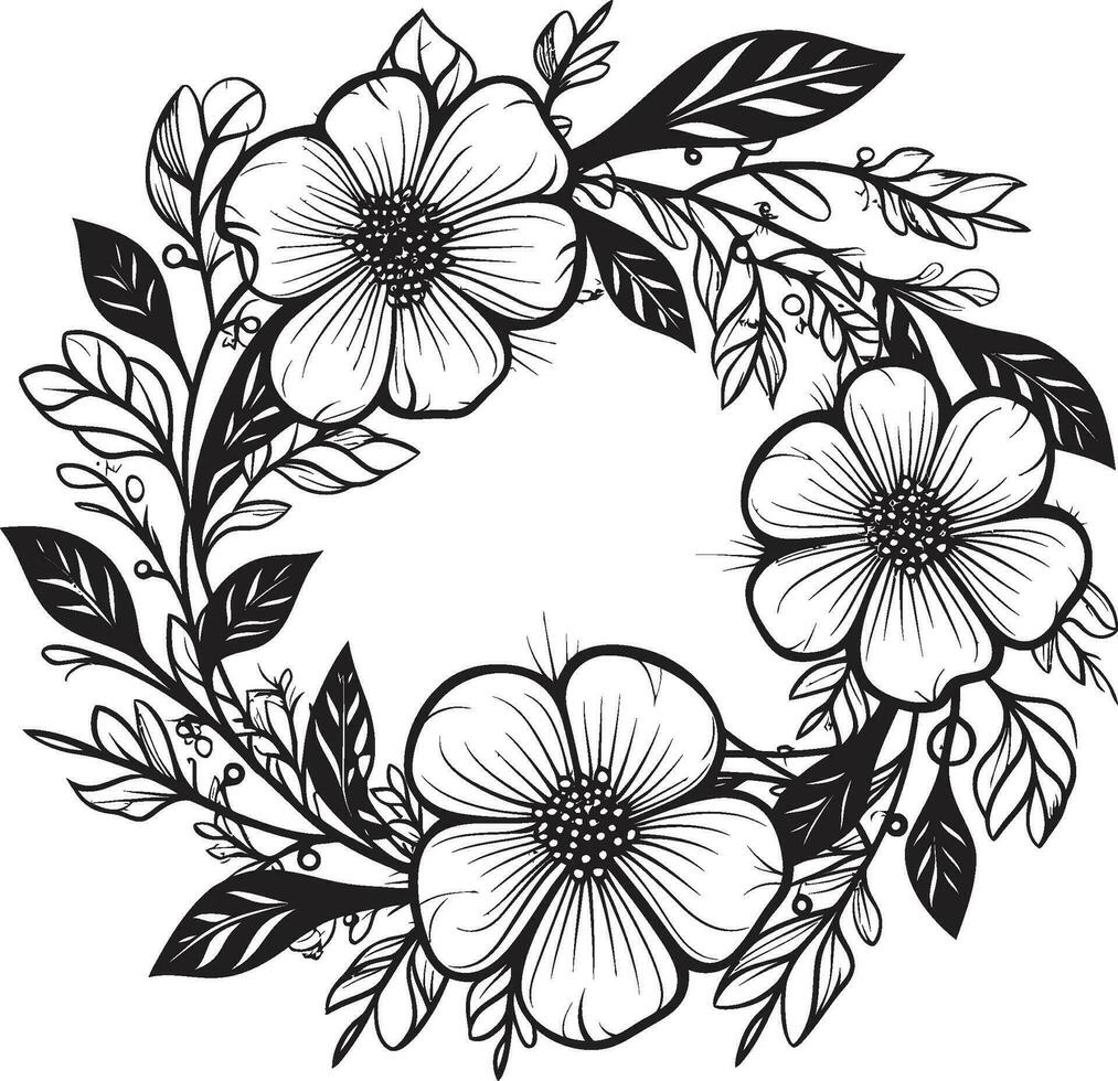Elegant Wedding Bloom Vector Black Floral Emblem Graceful Wreath Sketch Artistic Black Logo Icon