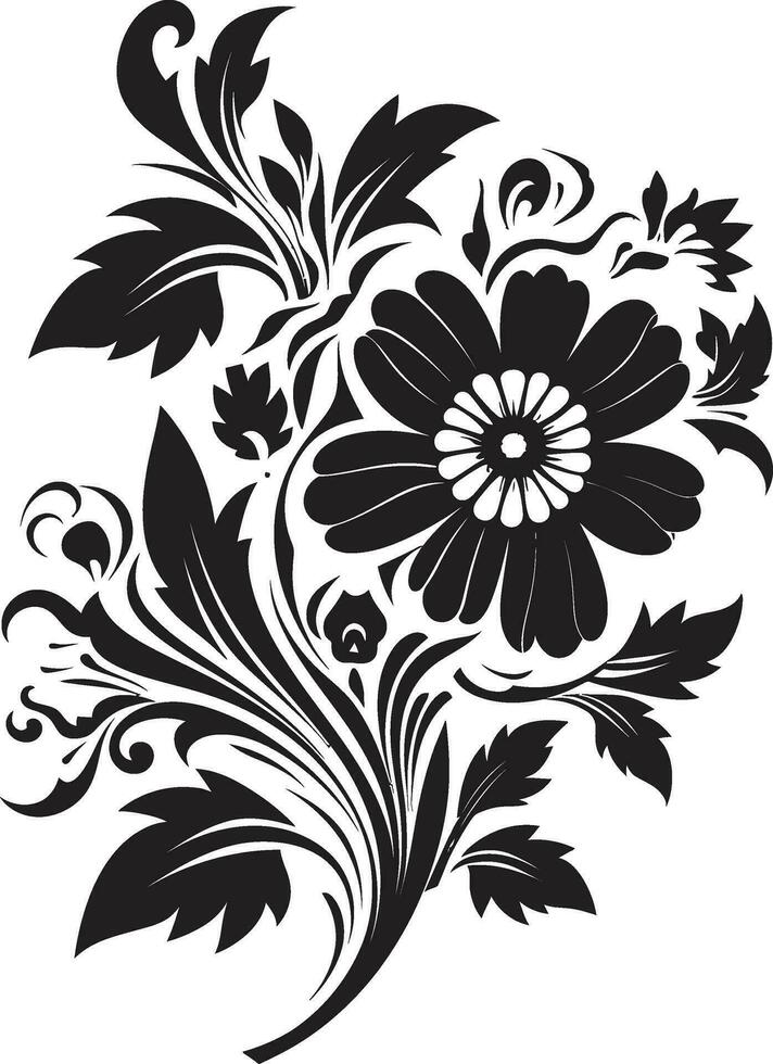 Artistic Black Petal Accents Decorative Logo Elements Chic Inked Florals Noir Invitation Card Graphics vector