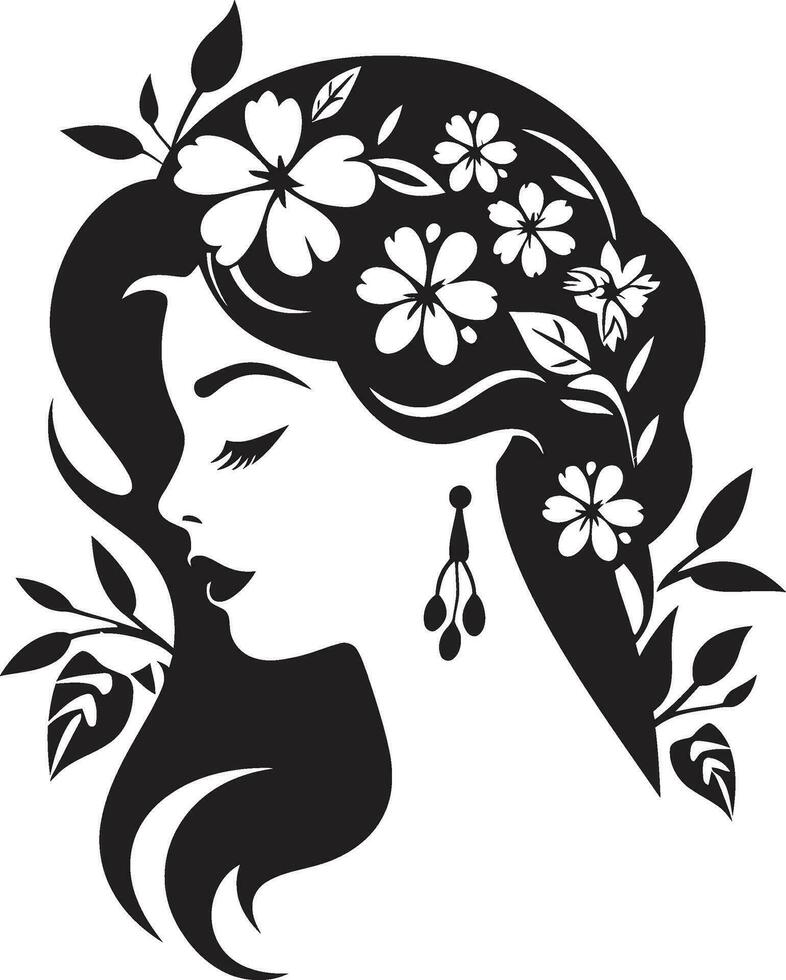 Elegant Botanical Glamour Vector Woman Icon Graceful Floral Silhouette Black Face Emblem