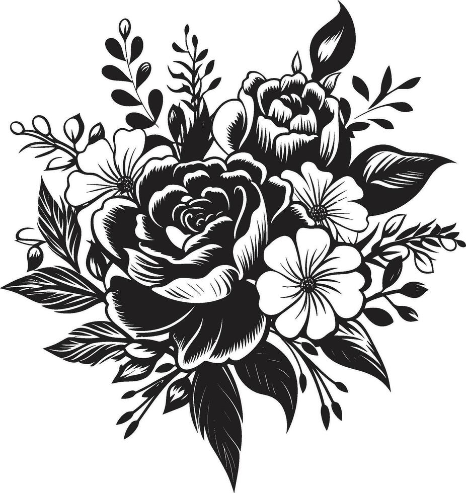 Intricate Flower Assembly Black Bouquet Emblem Whimsical Petal Posy Decorative Black Icon vector