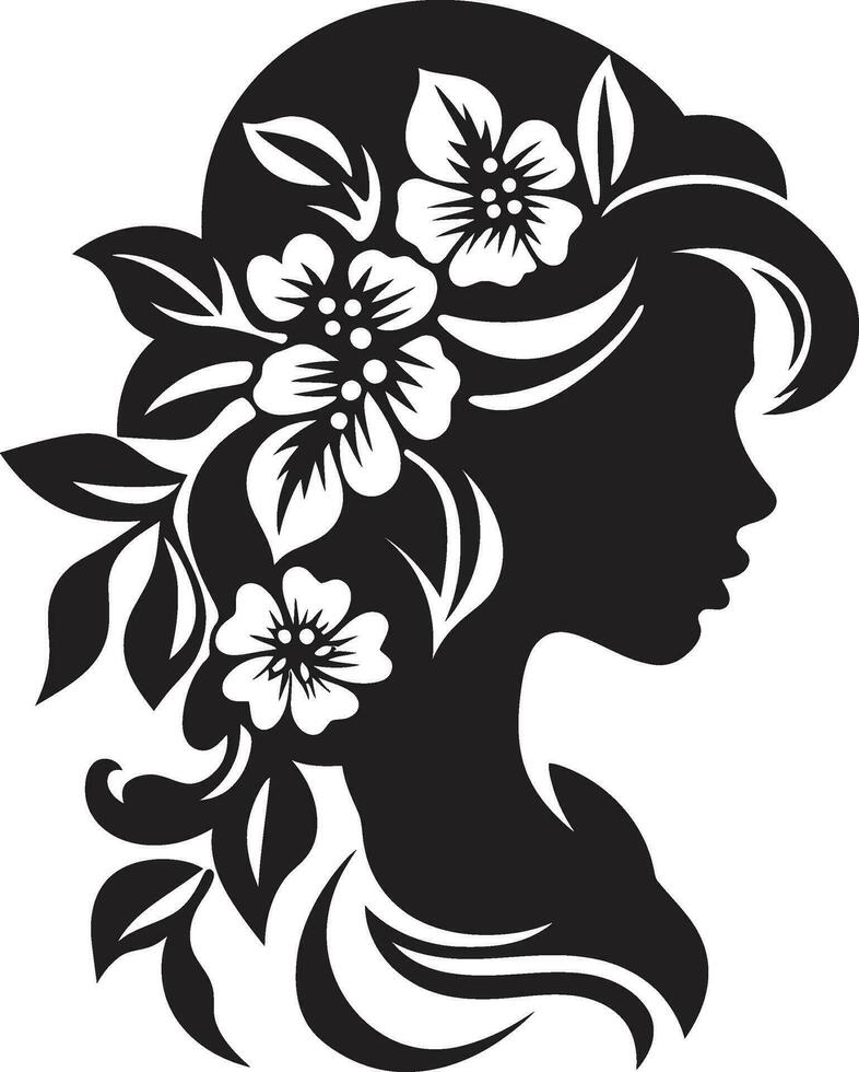 elegante floral feminidad negro vector cara diseño pétalos adornando belleza mano dibujado mujer icono