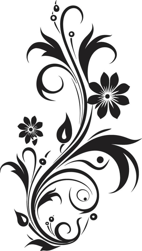 Sleek Floral Scrollwork Black Vector Emblem Elegant Noir Blooms Hand Rendered Logo Icon