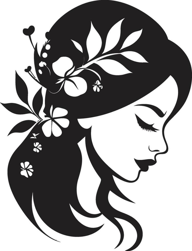Chic Blooms Persona Woman Vector Design Clean Floral Beauty Black Hand Drawn Icon