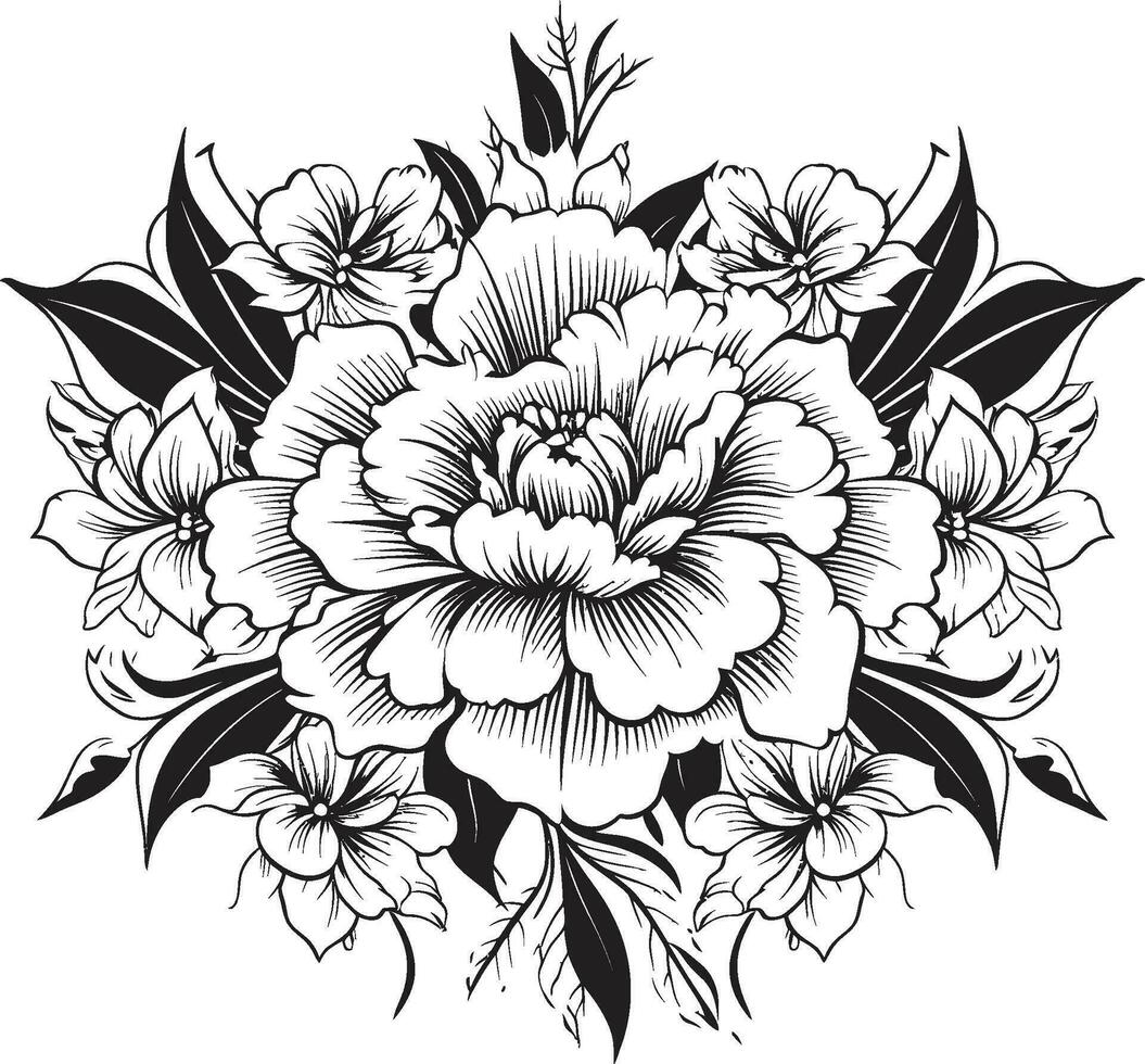 Noir Botanical Etchings Hand Drawn Floral Icons Graphite Bloom Ensemble Black Vector Emblem Designs
