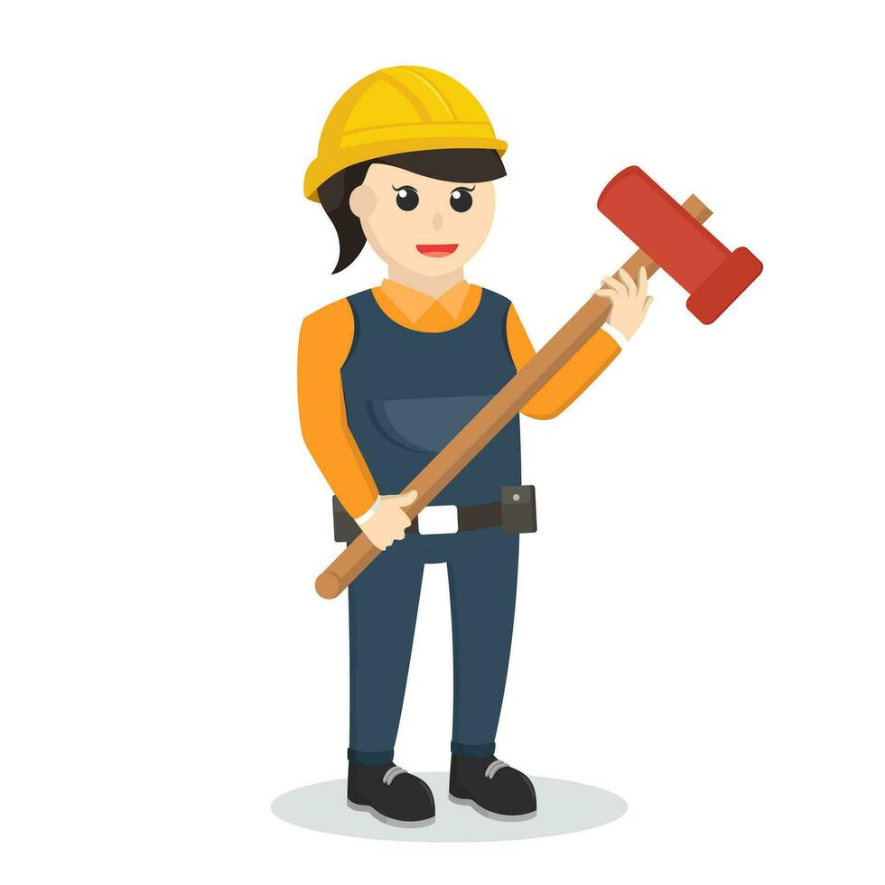 woman construction  worker holding sledge hammer vector