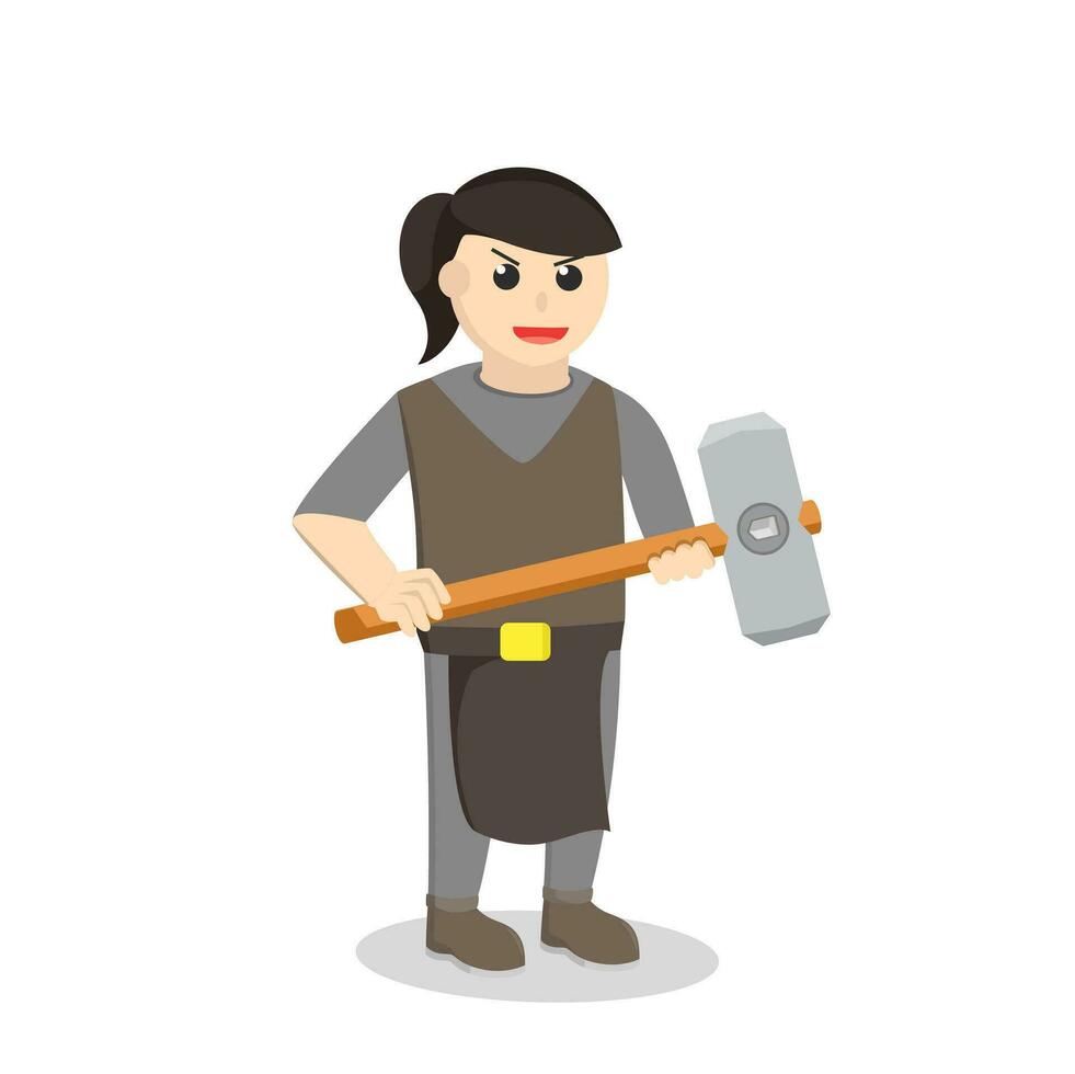 Dwarf Warrior woman Hold sledge Hammer design character on white background vector