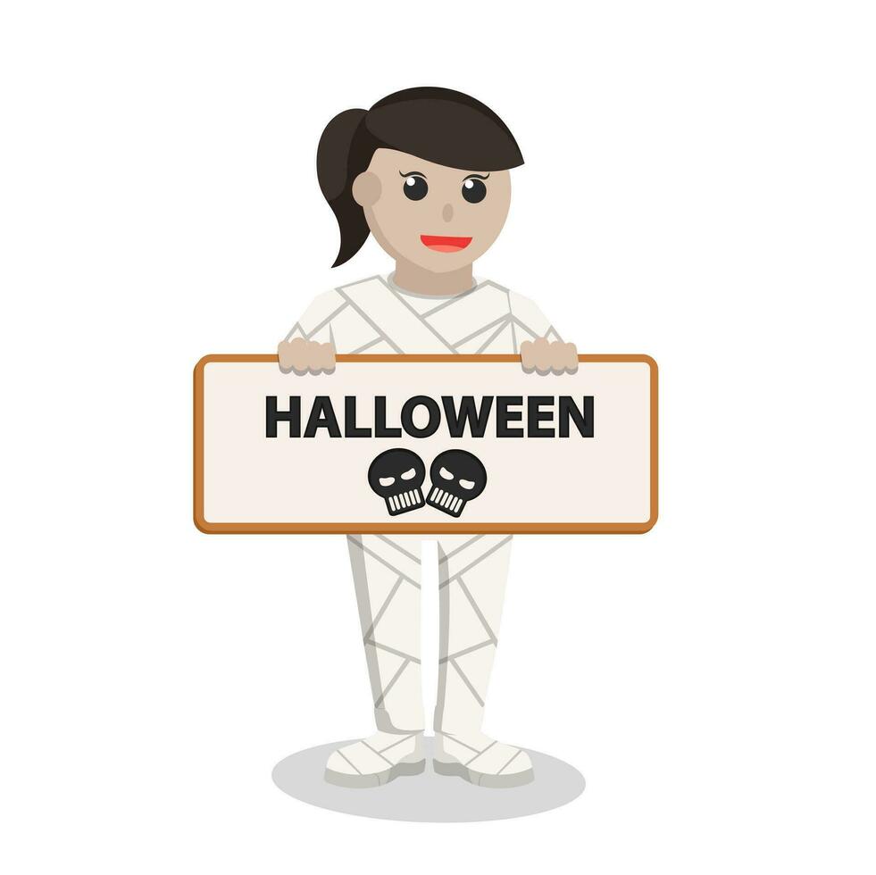 Woman With Mummy Costume holding sign halloween vector