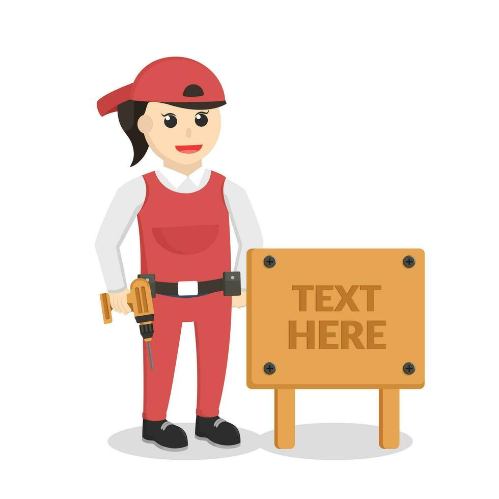 carpenter woman with wood sign design character on white background vector