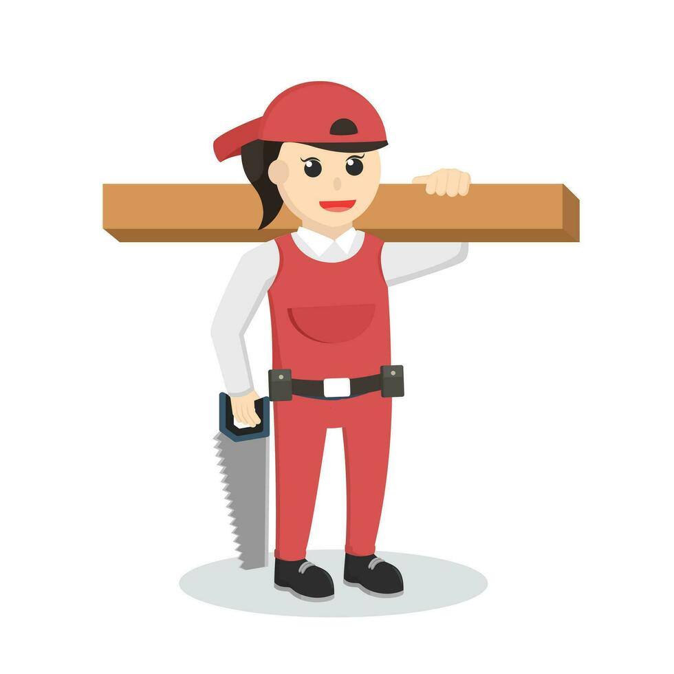 carpenter woman with wood log and saw design character on white background vector