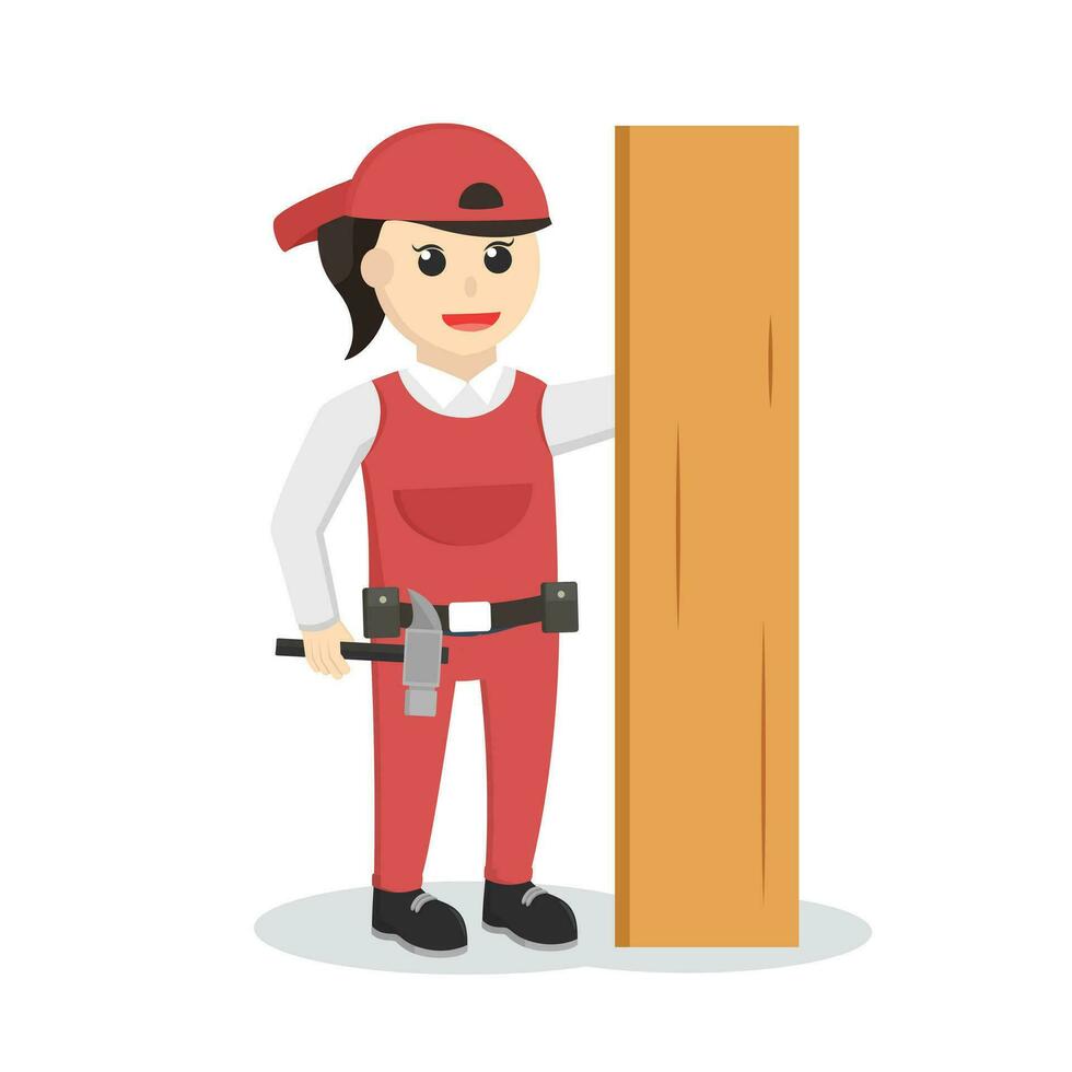 carpenter woman with hammer and wood plank design character on white background vector