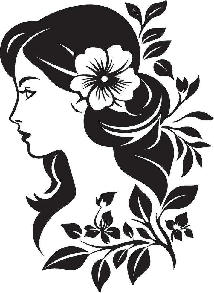 Minimalist Floral Profile Vector Woman Emblem Sophisticated Flora Charm Black Vector Icon