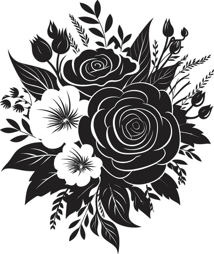 Botanic Elegance Black Floral Bouquet Icon Ethereal Bloom Cluster Decorative Black Vector Emblem