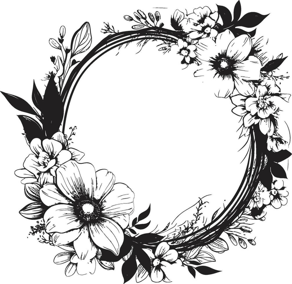 Intricate Floral Embrace Black Frame Logo Whimsical Bloom Encompass Decorative Black Icon vector