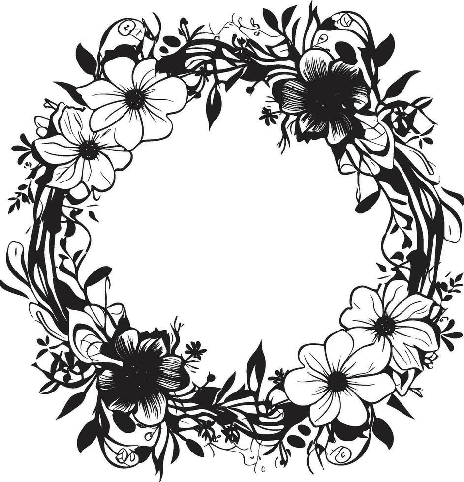 Whimsical Floral Wreath Black Vector Frame Enchanted Frame Flourish Decorative Black Emblem