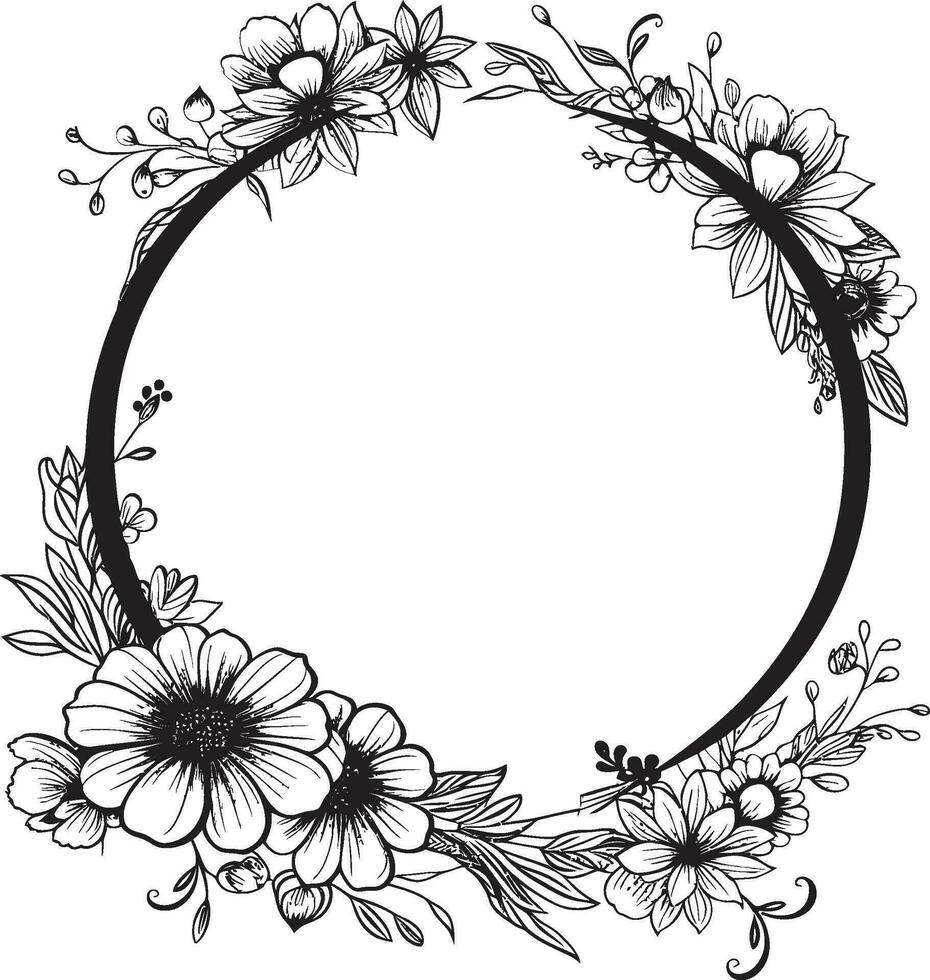 Regal Floral Encircle Black Frame Logo Chic Petal Encompass Decorative Black Icon vector