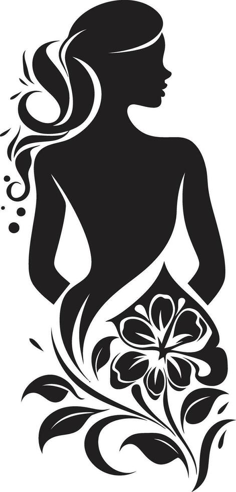 Elegant Botanical Ensemble Vector Woman Icon Graceful Full Body Florals Black Emblem Design