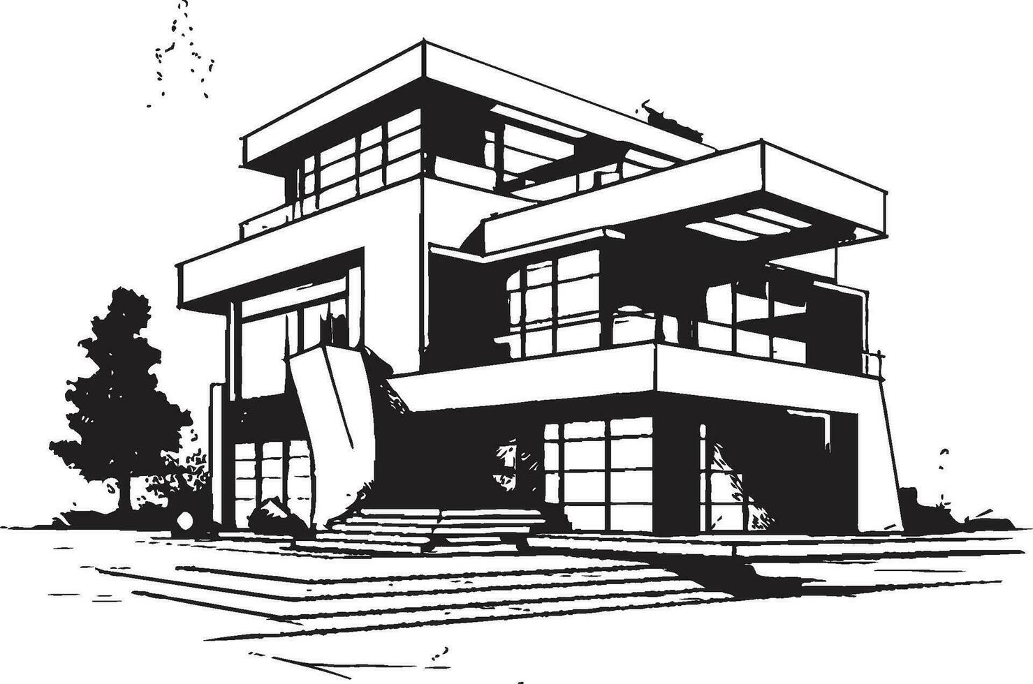 Iconic Contemporary Villa Building Structure in Vector Logo Urban Villa Blueprint Iconic Structure in Vector Logo Design