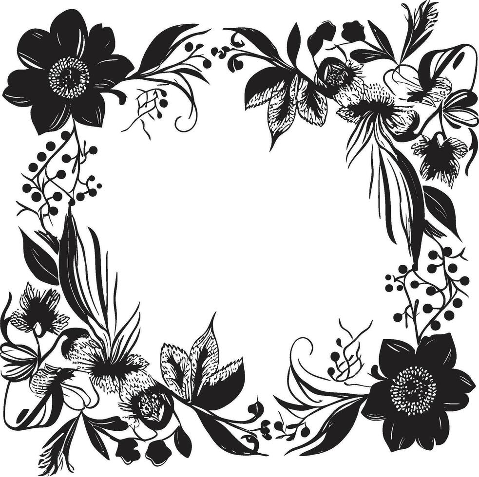 Whimsical Flower Border Black Frame Design Enchanted Floral Edging Black Vector Emblem