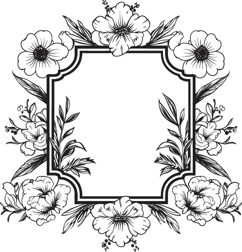 Mystic Blooms Frame Decorative Emblem Radiant Ebony Blossom Border Icon Design vector