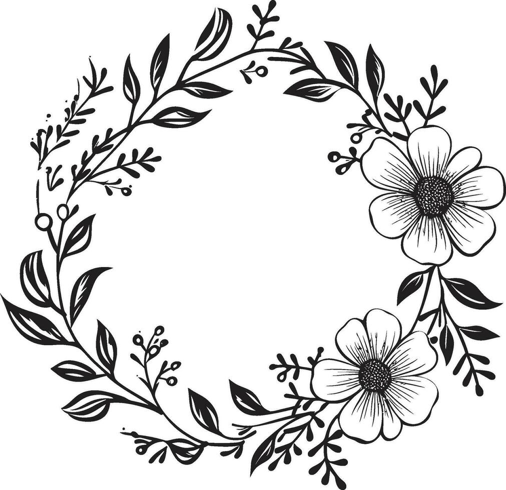 Sophisticated Floral Wreath Handcrafted Vector Icon Abstract Wedding Bloom Black Artistic Emblem