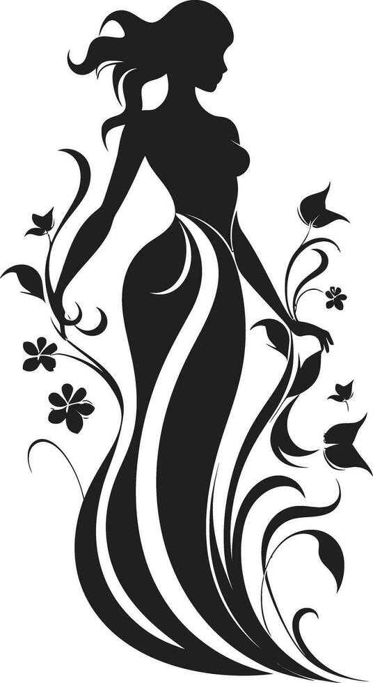 Elegant Botanical Ensemble Vector Woman in Full Floral Bloom Graceful Full Body Florals Black Emblem Design with Woman