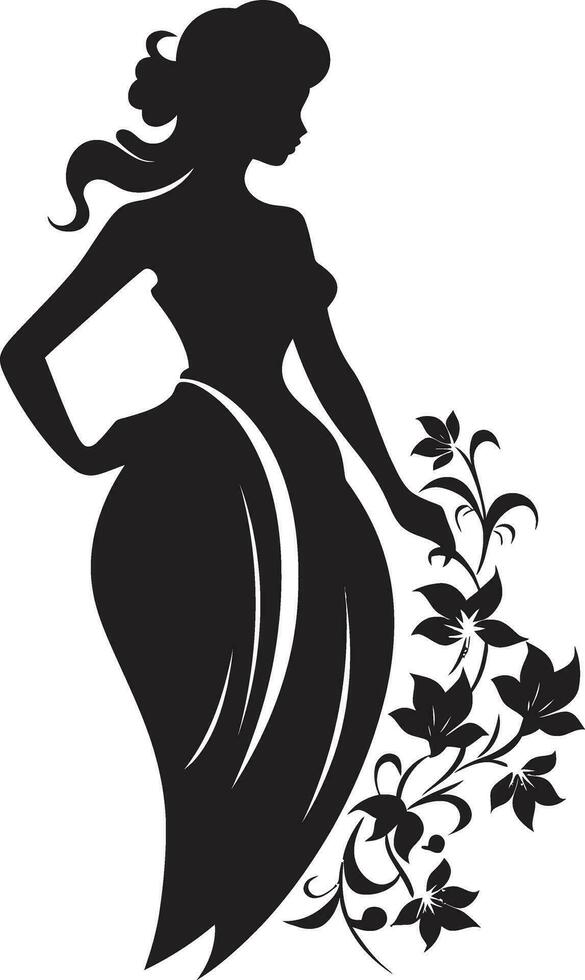 Abstract Flora Fusion Black Artistic Woman Blossom Emblem Elegant Botanical Ensemble Vector Woman in Full Floral Bloom