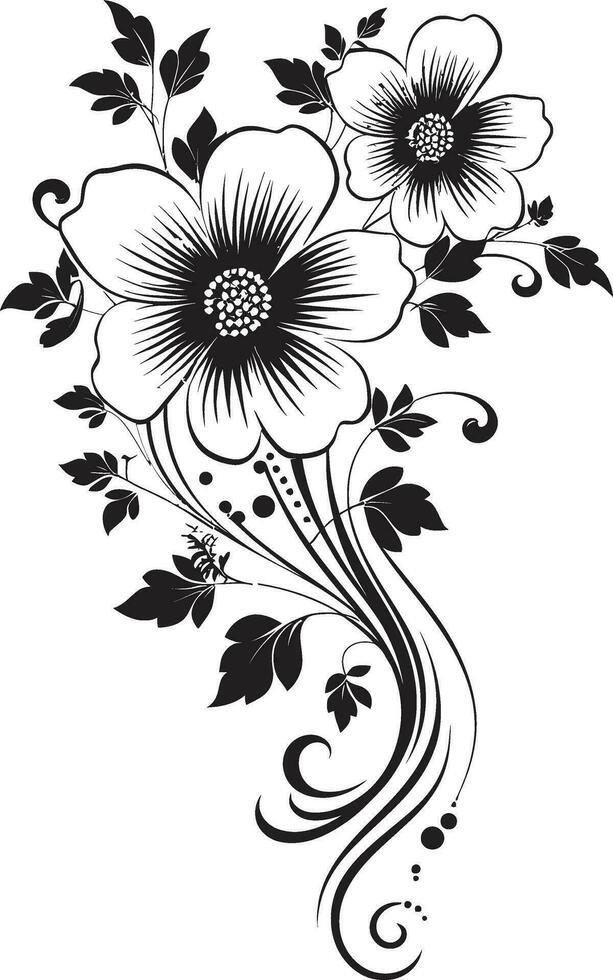 Intricate Hand Rendered Blooms Black Icon Elegant Floral Whirl Hand Drawn Noir Iconic vector