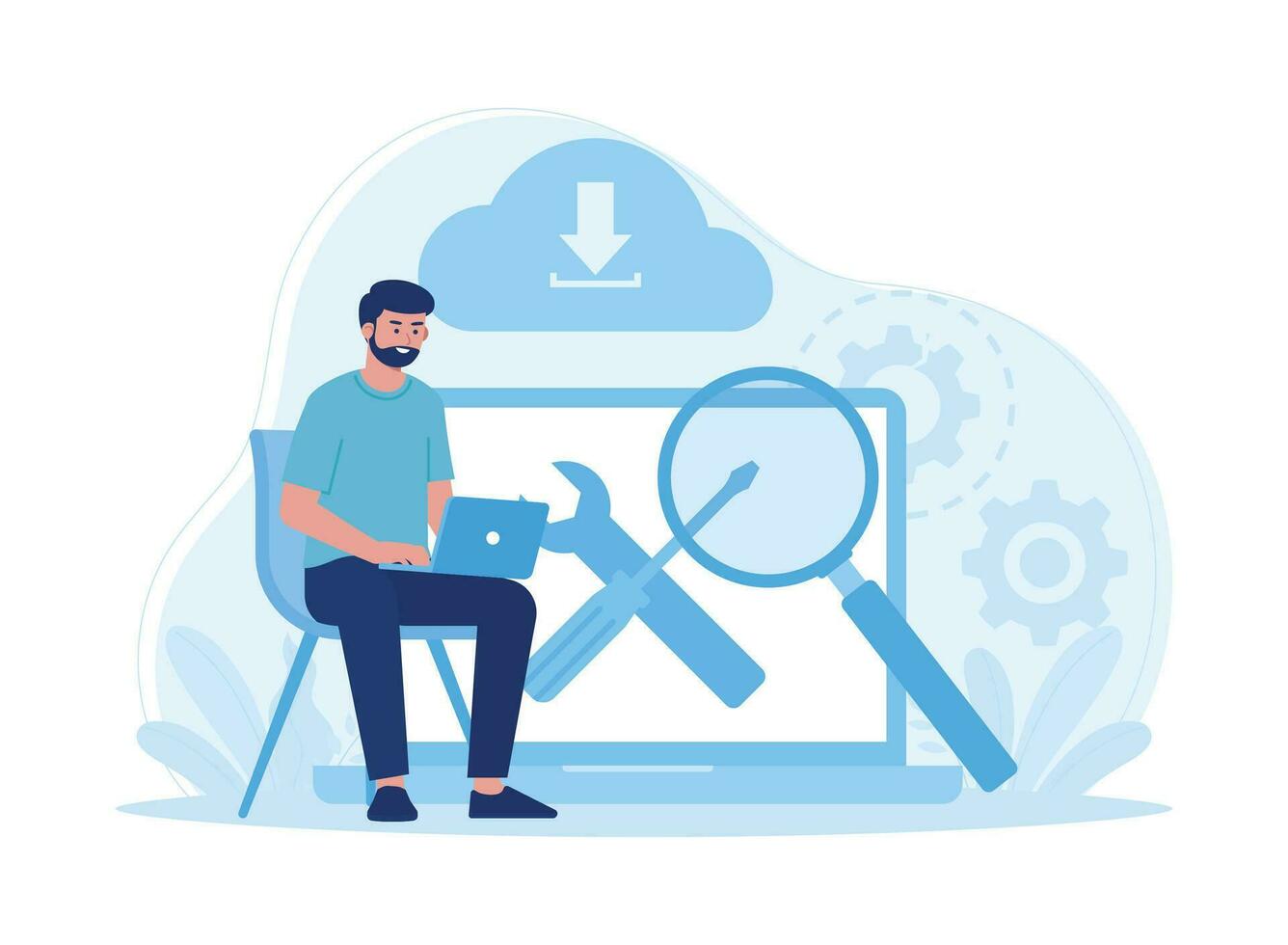 hombre con ordenador portátil analizando nube y nube servicios concepto plano ilustración vector